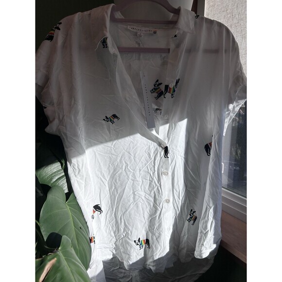 Jane + Delancey Bulldog Shirt White W/ French Bulldogs Large Rayon - Picture 3 of 5